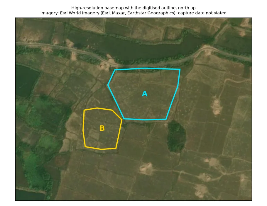 Outline of the Nilabadi Fishing Pond fields on a close-up aerial photo