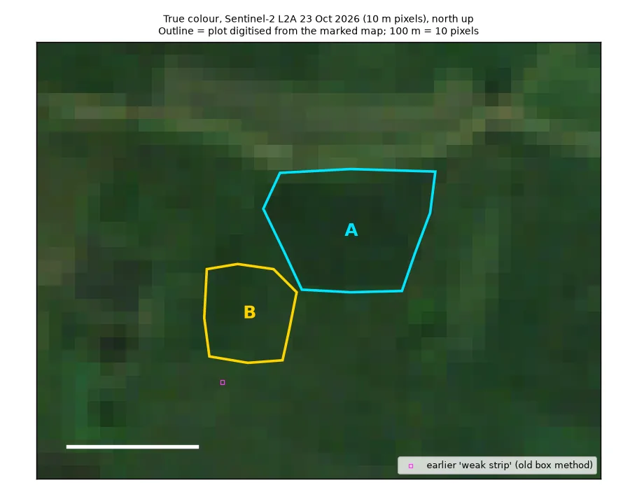 Satellite photo of the Nilabadi Fishing Pond fields in normal colour